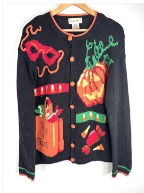 VTG 90s Alexandra Bartlett Halloween Cardigan M Hand Knit Pumpkin Candy Corn